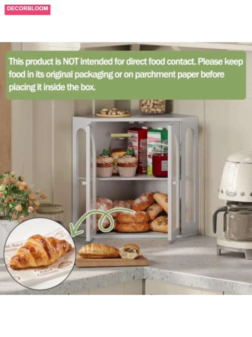 Corner Bread Box Double Layer Bamboo with Arched Acrylic Windows for Kitchen